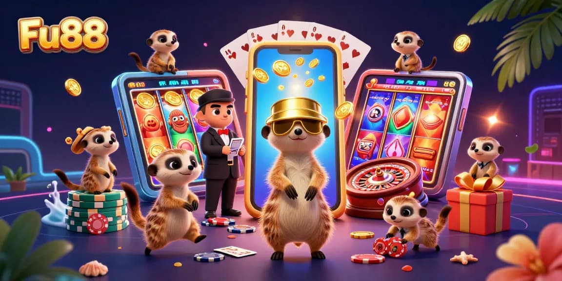 Fu88 meerkats running a casino with cards, chips, and a smartphone erupting coins.