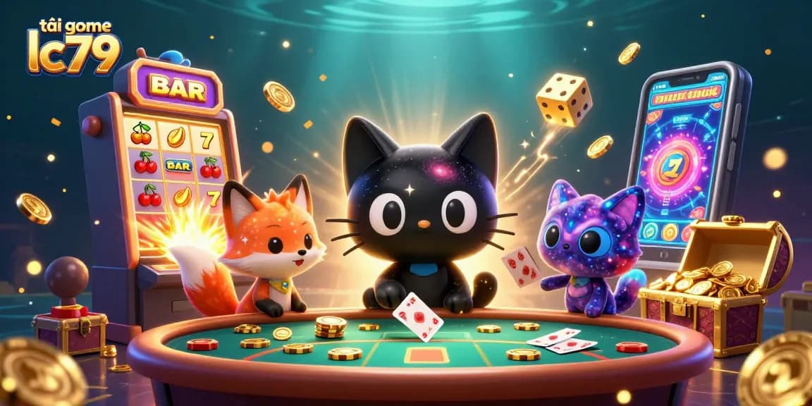 Tải game lc79 tại casino với các biểu tượng slot thú vị và vàng rơi ra.
