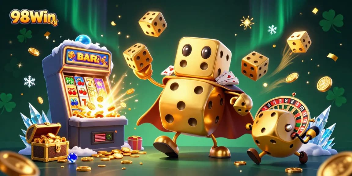 Experience winning excitement at 98Win org with dynamic 3D casino illustration filled with jackpots and games!