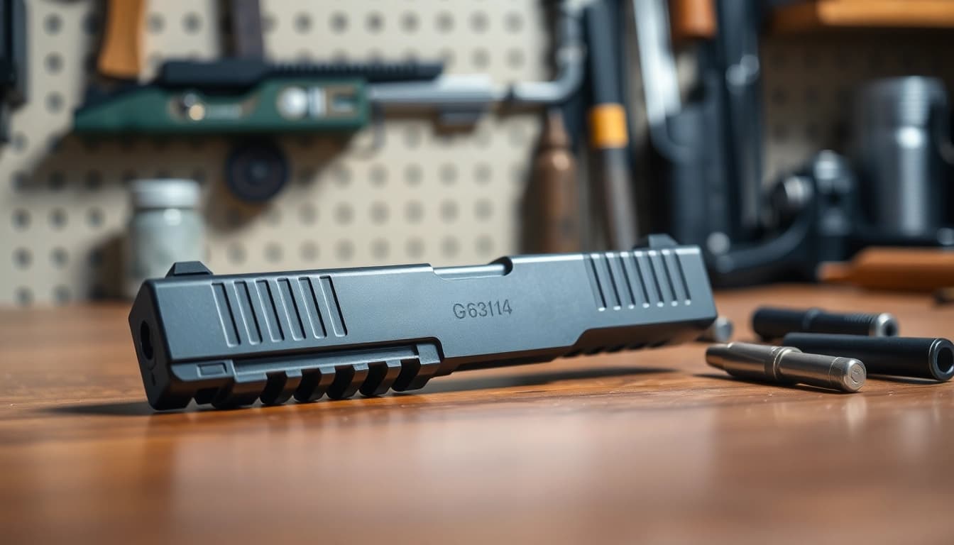 Showcasing an OEM Glock 26 slide on a refined surface to highlight its intricate design.
