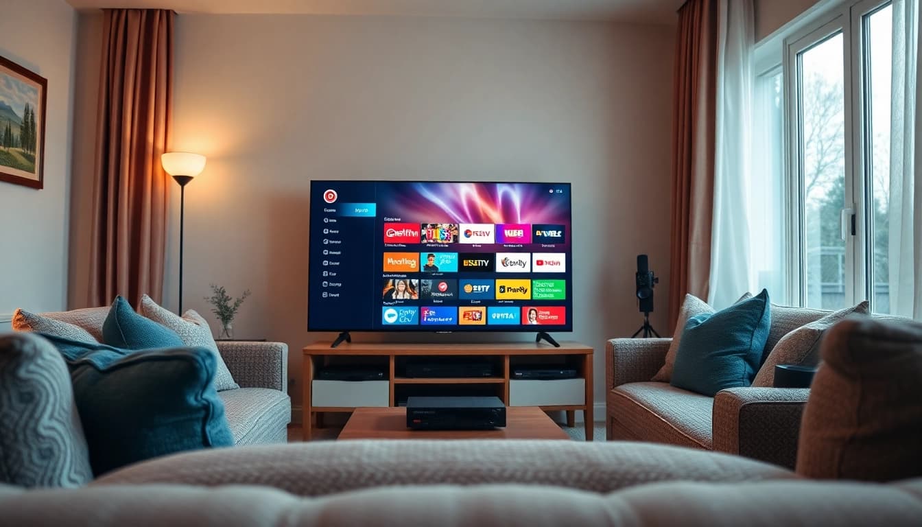 Enjoy the FREE IPTV Trial with a vibrant streaming setup in a cozy living room.
