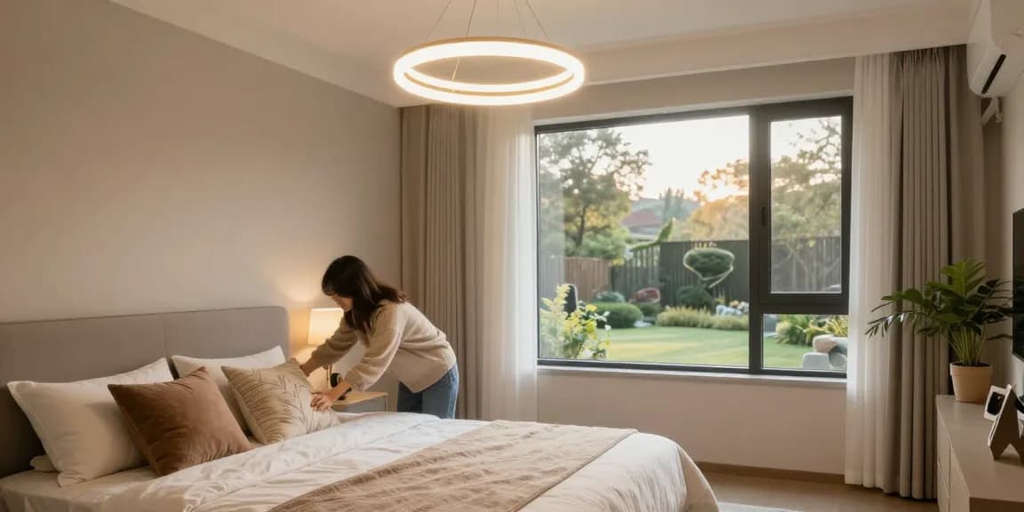 Lustra dormitor modernă iluminând un interior confortabil cu atmosferă primitoare.