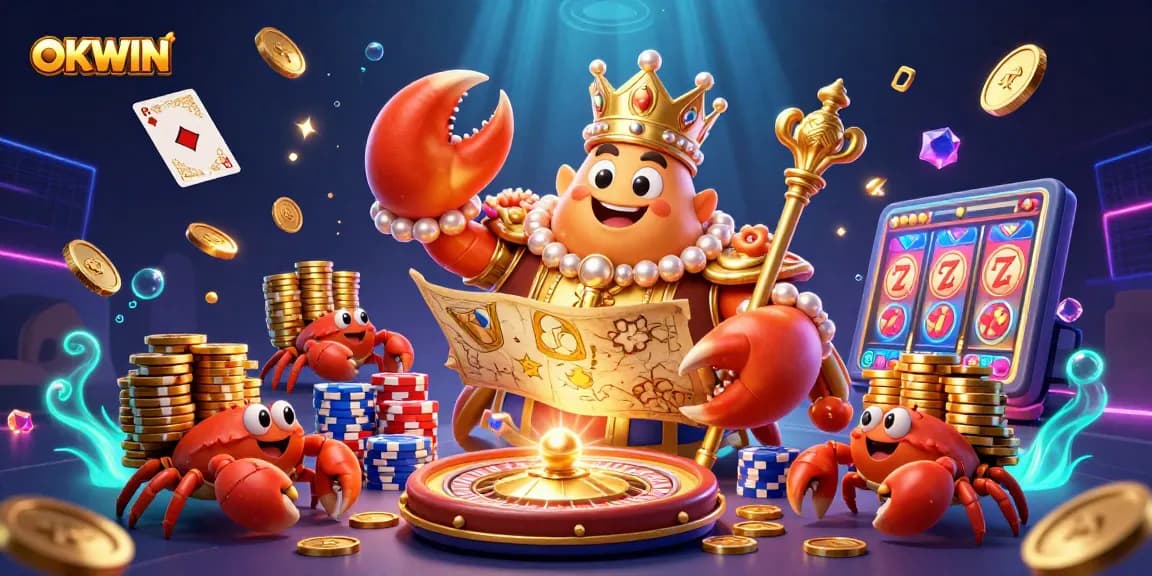 Win big with OKWIN’s golden crab emperor leading a vibrant casino scene filled with treasures.