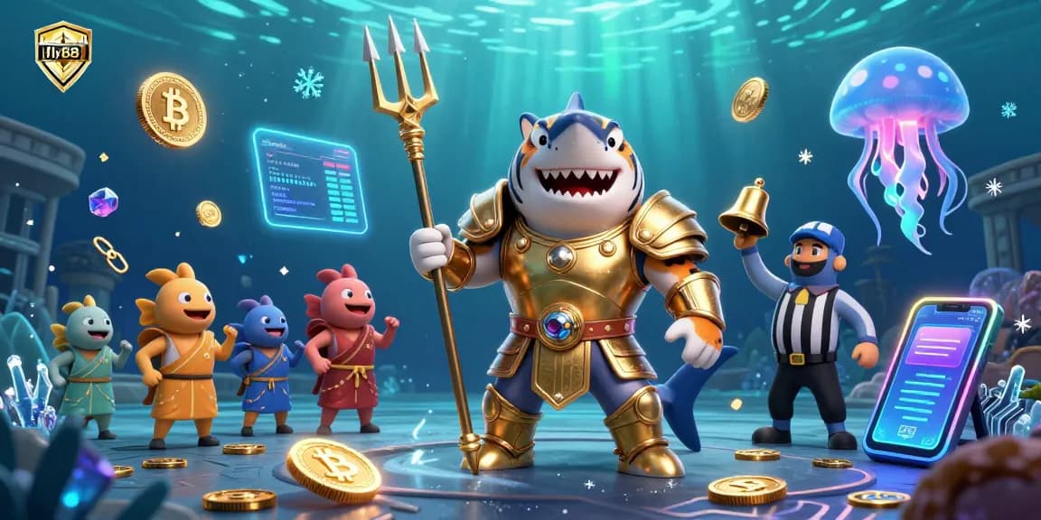 Engage with vibrant fly88 underwater gaming scene featuring a tiger shark in gladiator armor amidst crypto elements.