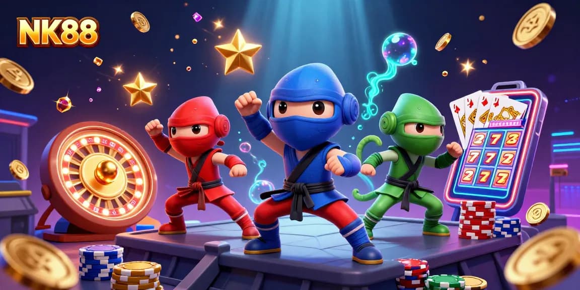 Ninja chameleons perform martial arts as NK88 casino elements burst around them, symbolizing gaming excitement.
