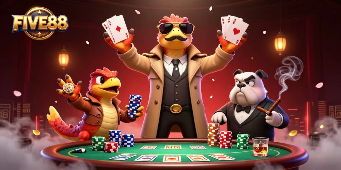 FIVE88 gaming scene with raptors in disguise entering a casino, highlighted poker elements.