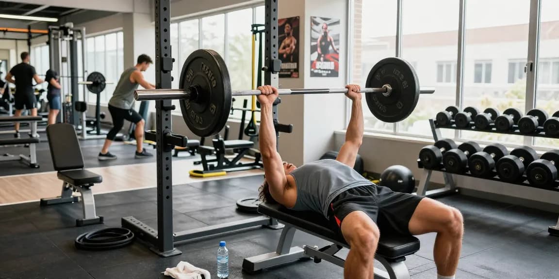Energetic gym scene showcasing Prime Pharma Steroids user performing bench press surrounded by workout gear