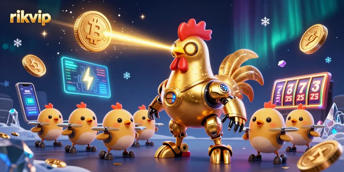 rikvip captivates players with a vibrant 3D casino scene featuring a golden rooster robot and crypto elements.
