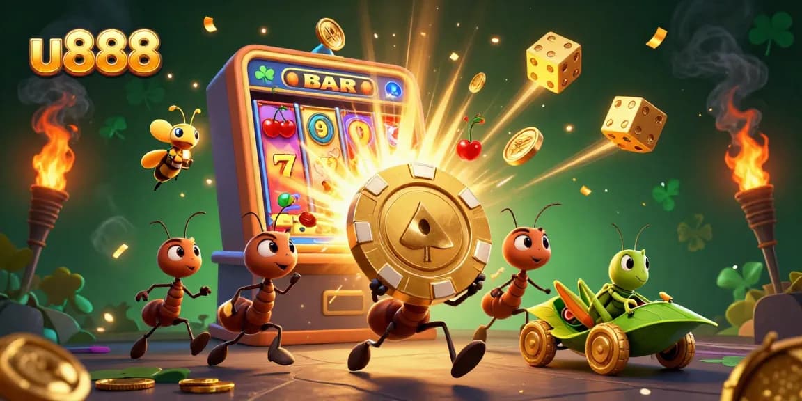 Experience thrilling gameplay at u888 with ants carrying a golden poker chip through a vibrant casino world.