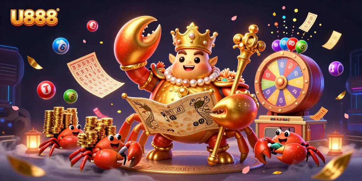 Experience vibrant gaming with U888's treasure-themed illustration featuring a golden crab emperor and colorful lottery elements.