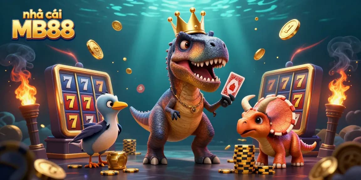 Experience the thrilling excitement of nhà cái MB88 with a T-Rex shuffling cards and a triceratops stacking chips.