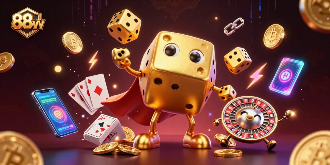 Experience thrilling wins with 88vv, showcasing vibrant golden dice and cryptocurrency elements in a lively casino scene.