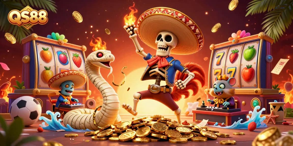 Experience excitement at QS88 with a 3D vibrant casino scene featuring a dancing mariachi rooster and lively game elements.