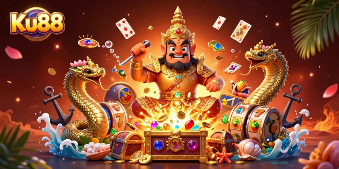 Ku88 captures high energy in a vibrant 3D gambling scene with slot elements and dynamic characters.