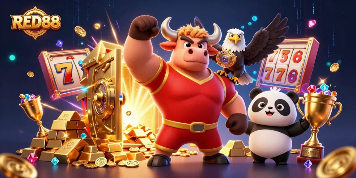 Experience the excitement of RED88 with vivid 3D casino elements and characters celebrating winning.