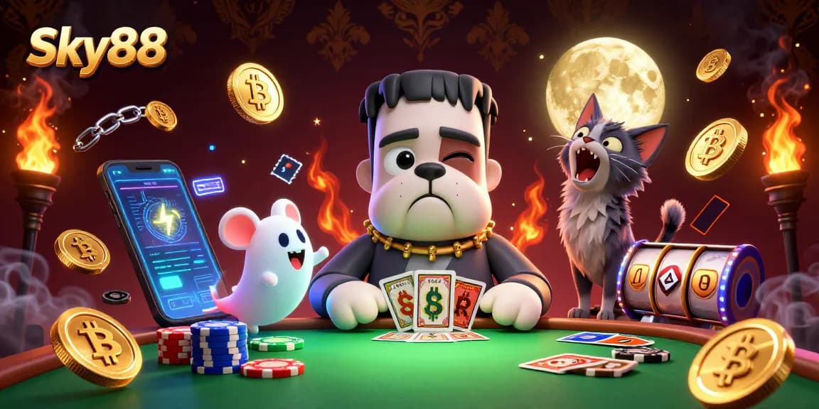 Engage with Sky88's thrilling casino experience featuring a whimsical 3D illustration of a bulldog monster dealer.