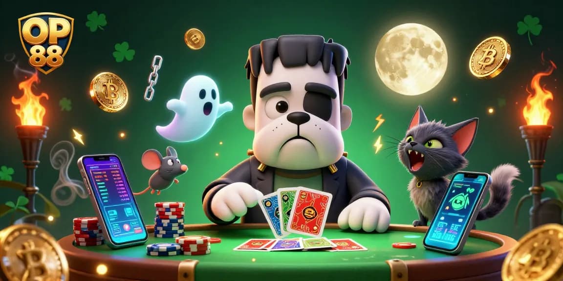 Engage with OP 88 as a Frankenstein bulldog monster deals cards in a spooky casino atmosphere.