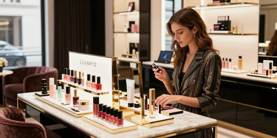 Belanja produk kecantikan LUXURY12 di butik modern dengan suasana mewah.