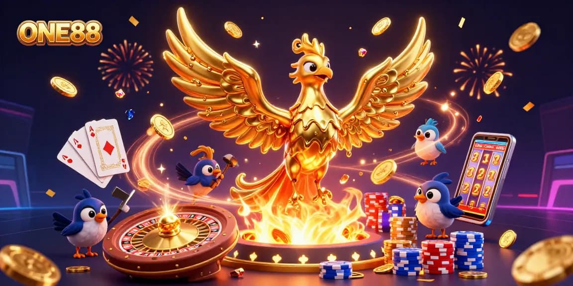 Engage in thrilling wins at ONE88 with a 3D scene showcasing dynamic casino elements.