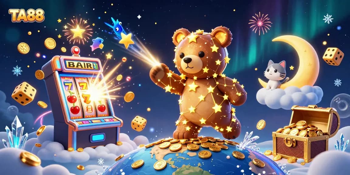 TA88 jackpot scene showcasing a golden constellation bear, coins, and slot machine elements.