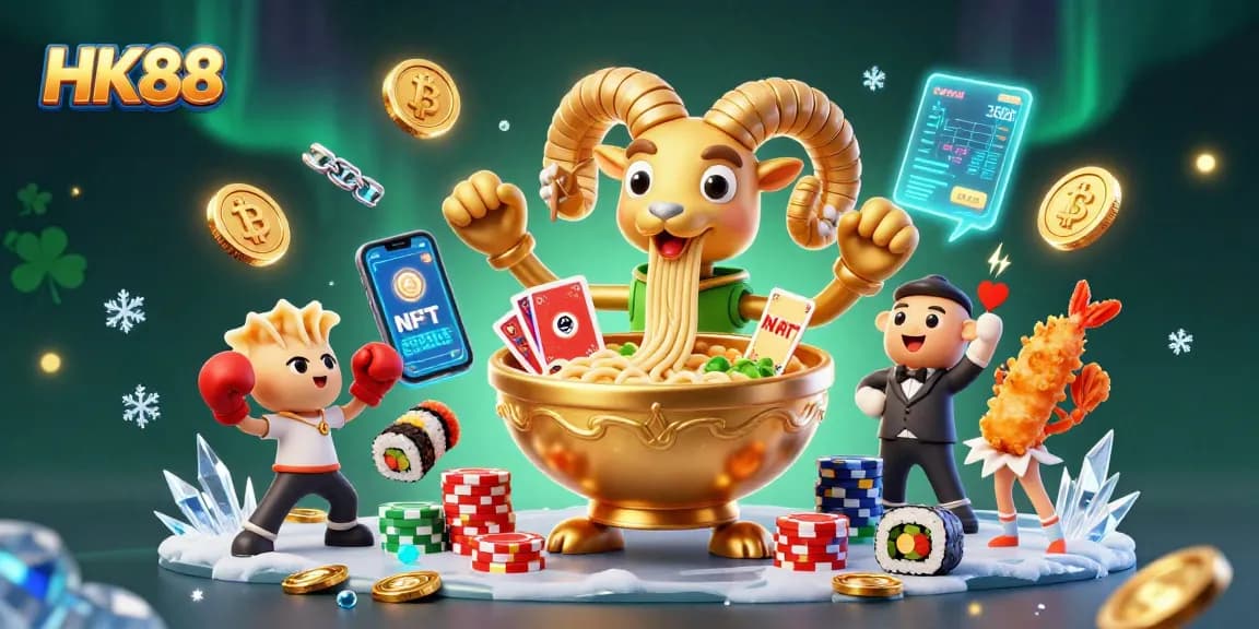 Engage in casino fun with HK88's vibrant illustration showcasing characters, coins, and gaming action.