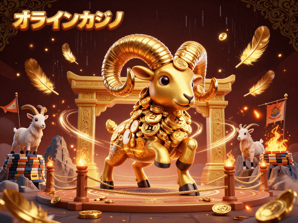オンラインカジノで豪華な獲得を狙うgolden ramと山羊たちの熱気ある場面を描いたイラスト