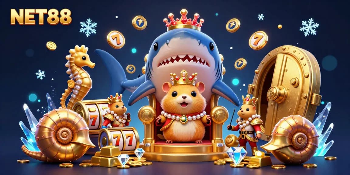 Experience the NET88 adventure with a golden hamster king among treasures and vibrant gaming elements in a magical casino scene.