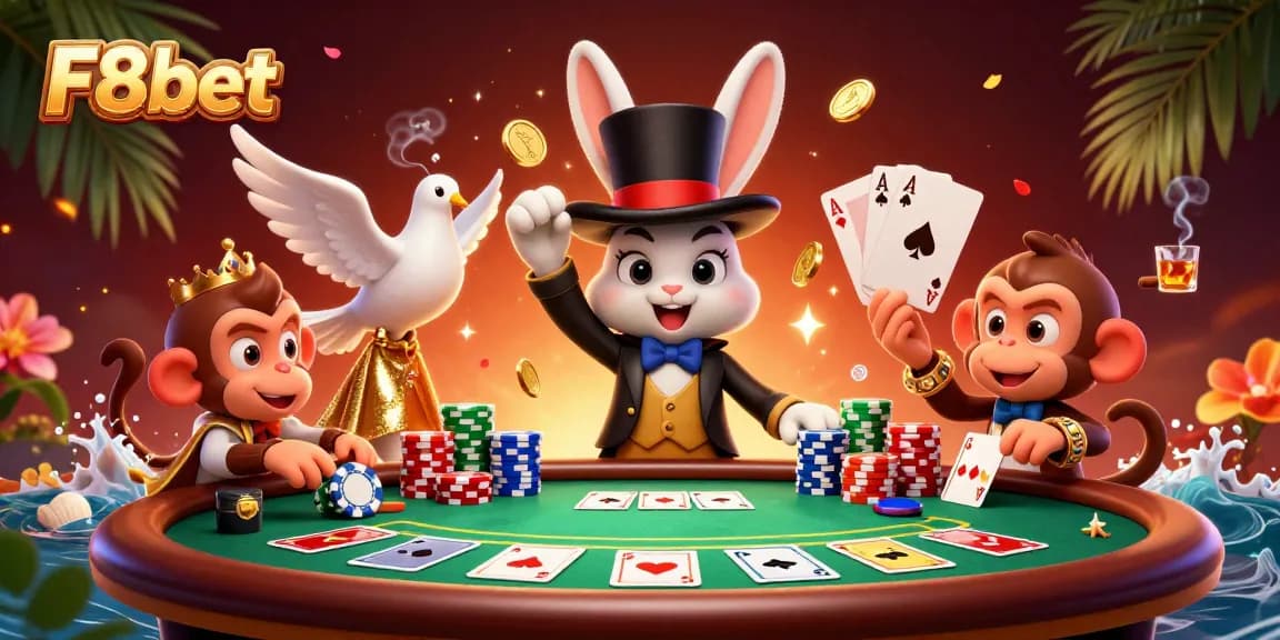 Experience the magic of playing at F8bet with a cartoon rabbit pulling coins and poker elements.