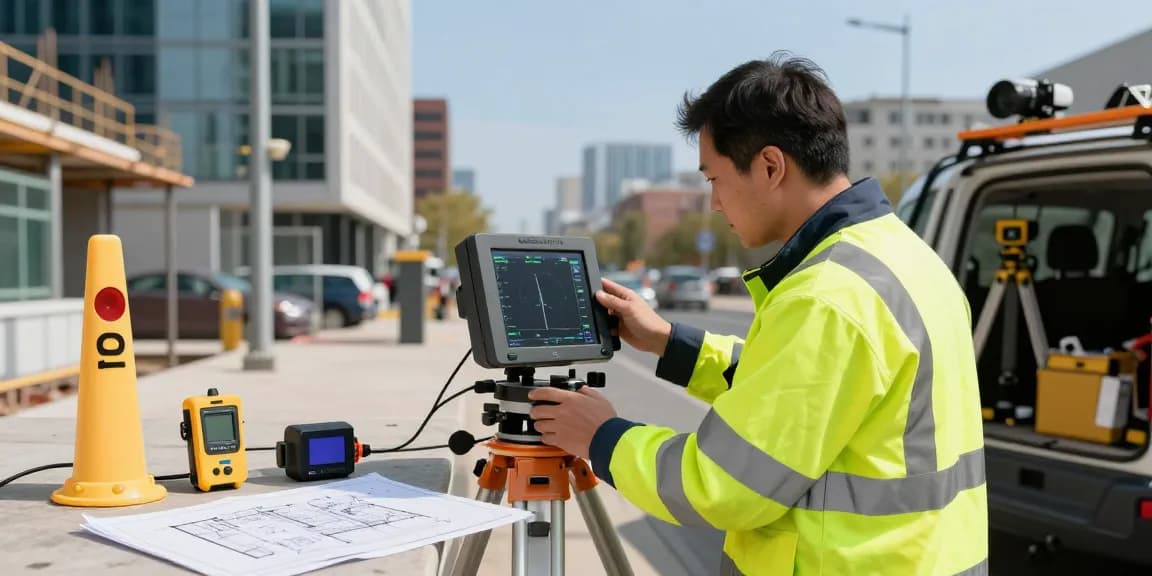 GPR Utility surveys London conducted by a professional land surveyor, showcasing advanced technology and urban development.