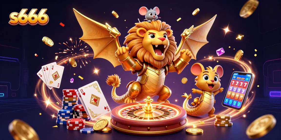 Experience the excitement of s666 with a dynamic 3D casino scene featuring golden coins and vibrant game elements.