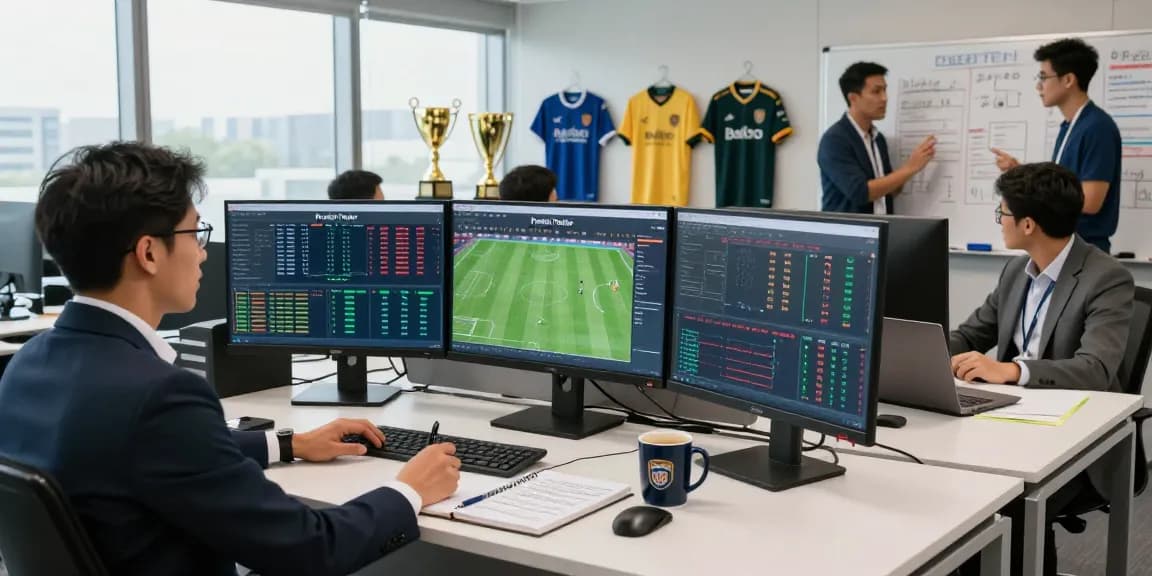 Prediksi 7meter sports analysis with data visualizations and team predictions in a modern office