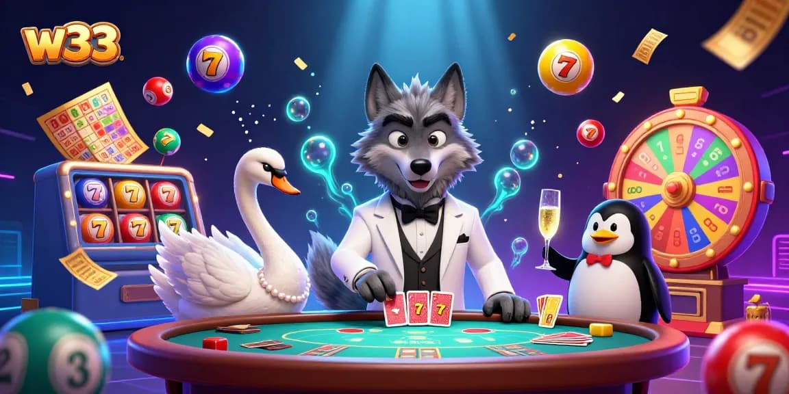Experience thrilling w33 pokies as a debonair wolf plays baccarat alongside enchanting characters.