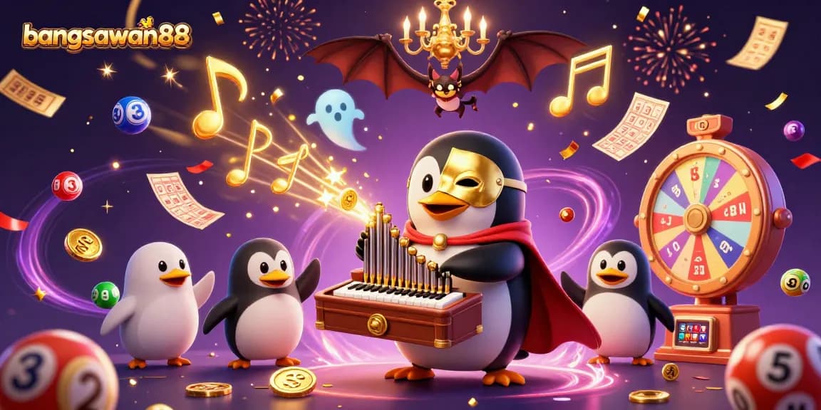 Bets flourish with bangsawan88 as a phantom penguin character plays with lively casino elements.