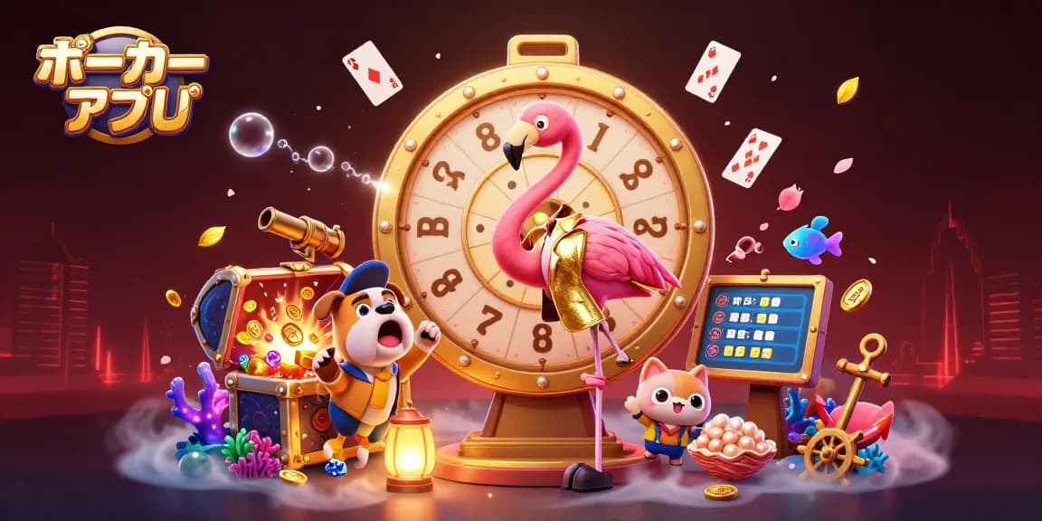 ポーカーアプリを体験しながら、豪華なシーンでゲームを楽しむ可愛いキャラクターたち。