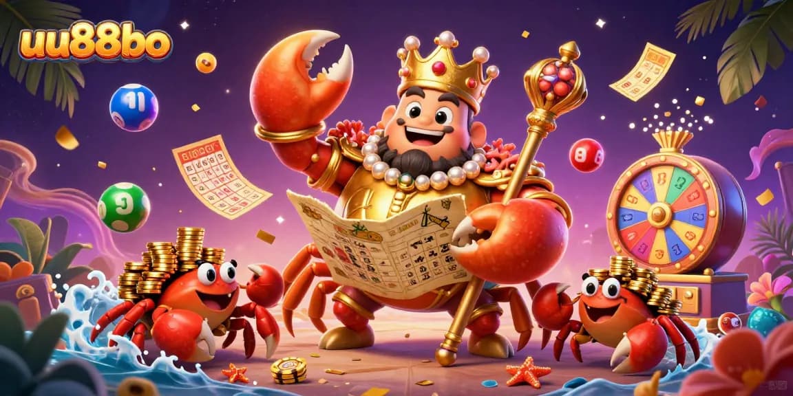 uu88bo engages players with an energetic lottery scene featuring colorful elements and a golden crab emperor.