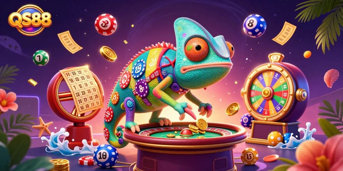 Engage with QS88's vibrant casino world featuring a chameleon owner amidst exciting game elements.