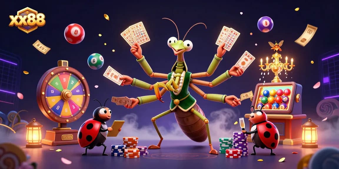 xx88 offers thrilling gambling experiences with vibrant animated characters surrounded by casino elements.