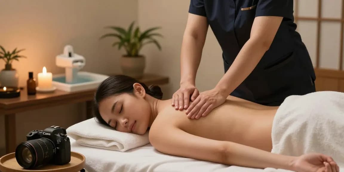 마포출장마사지 session in a serene home setting with soothing ambiance and calming elements.