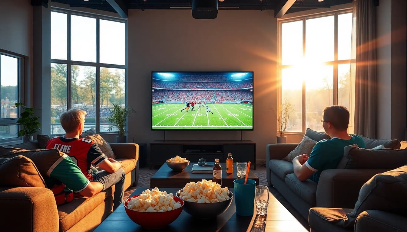 Situs nobar dengan layar besar menampilkan pertandingan sepak bola yang menarik.