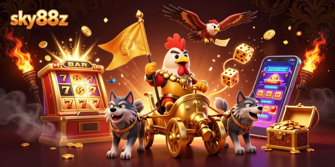 Experience thrilling gameplay at sky88z with a cartoon rooster warlord in a vibrant casino adventure.