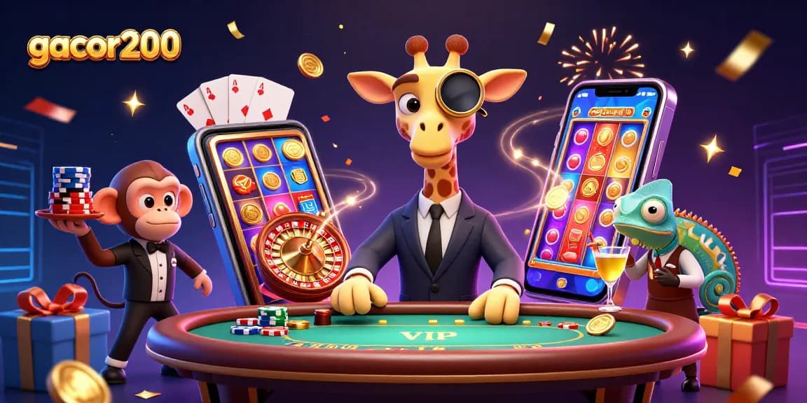 Permainan slot gacor200 yang menguntungkan dengan karakter kasino berwarna-warni dan eklektik.