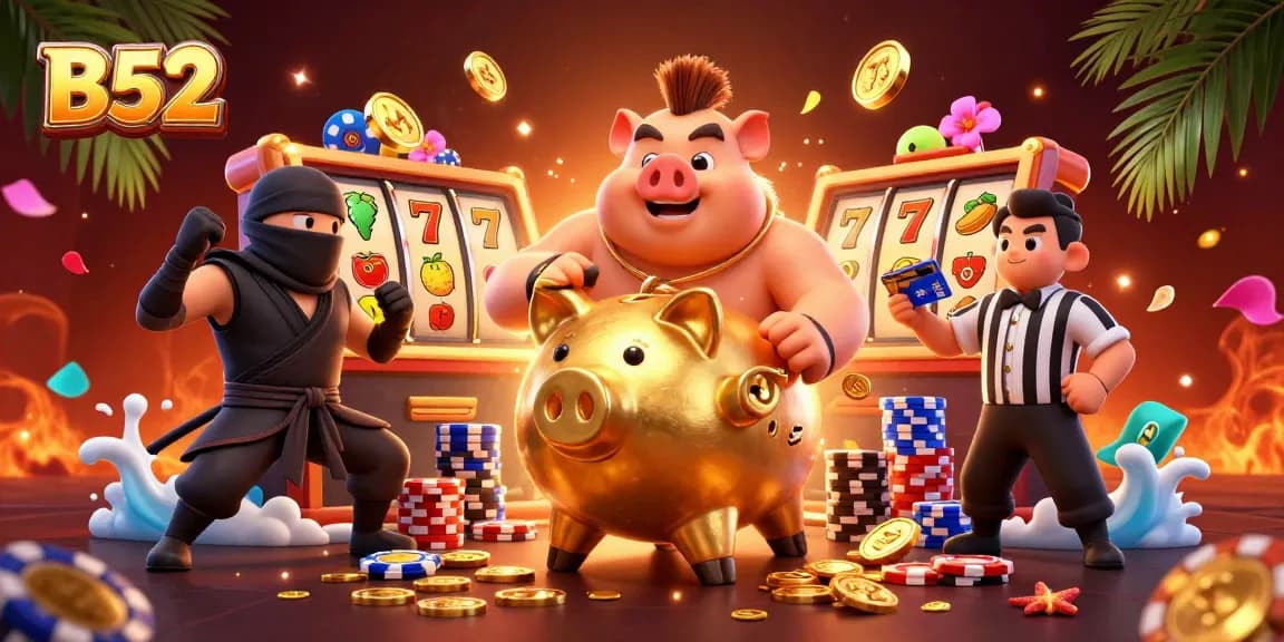 B52 casino illustration showcasing a sumo wrestler piggy bank amidst a dynamic slot game with vibrant elements.