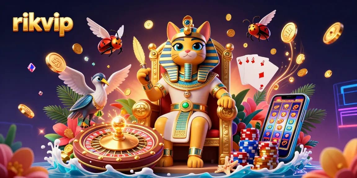 Experience exciting games at rikvip with vibrant Egyptian-themed 3D casino illustration featuring pharaoh cat and golden treasures.