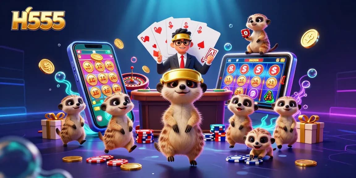 Experience the excitement of H555 online betting with meerkats in a colorful casino scene, full of action.