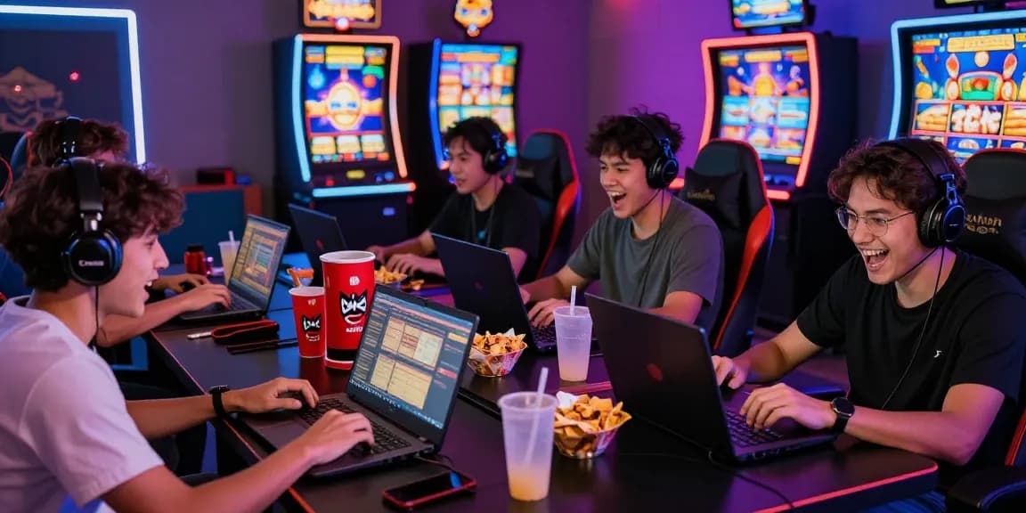 Excited players enjoying a thrilling slot game experience at a situs gacor online gaming venue with vibrant atmosphere.