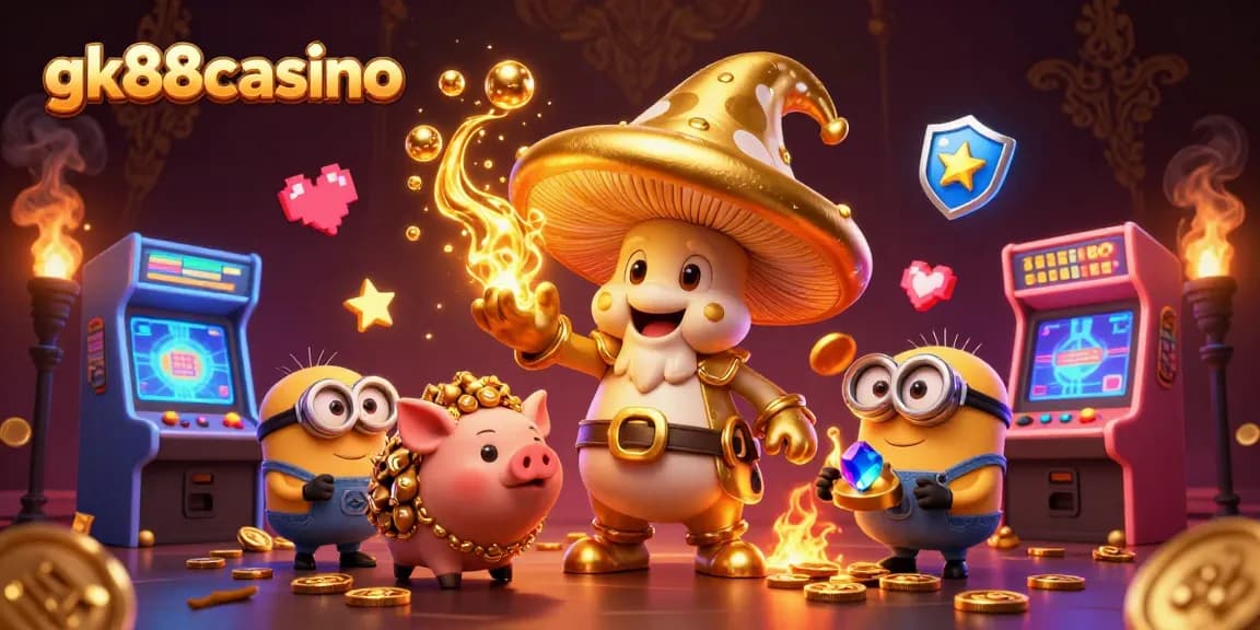 Experience gk88casino's vibrant gaming atmosphere with this enchanting 3D illustration featuring magical characters and gaming elements.