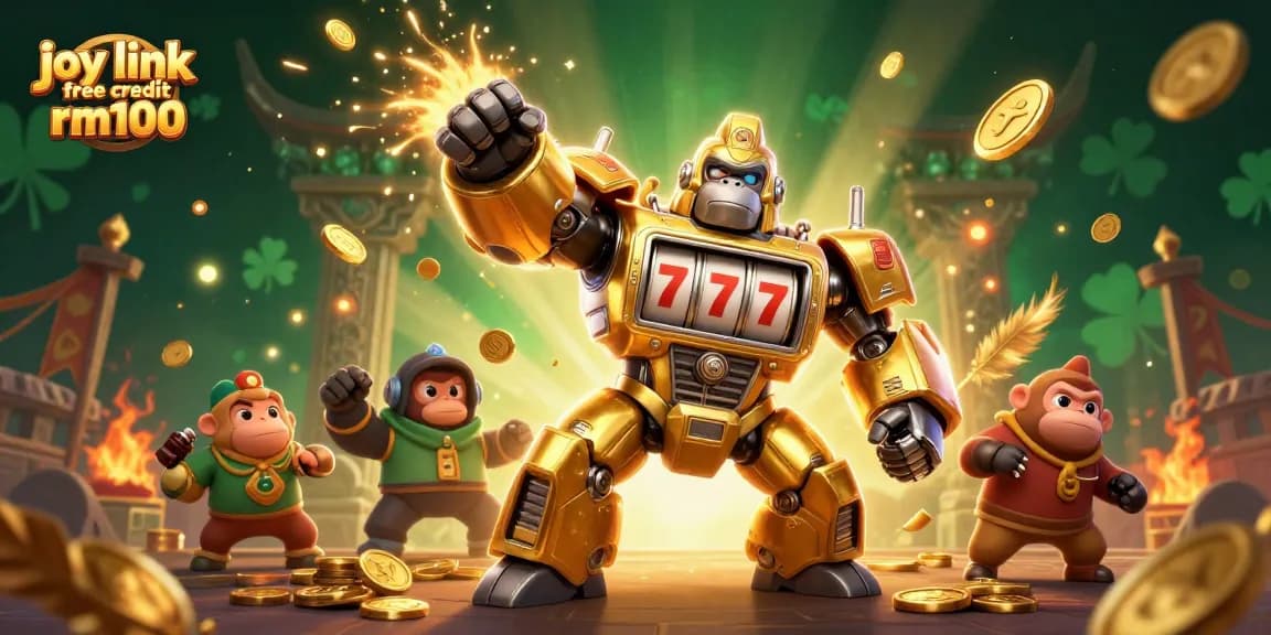 Experience fun with joy link free credit rm100, featuring a dynamic 3D mech gorilla and gambling elements.