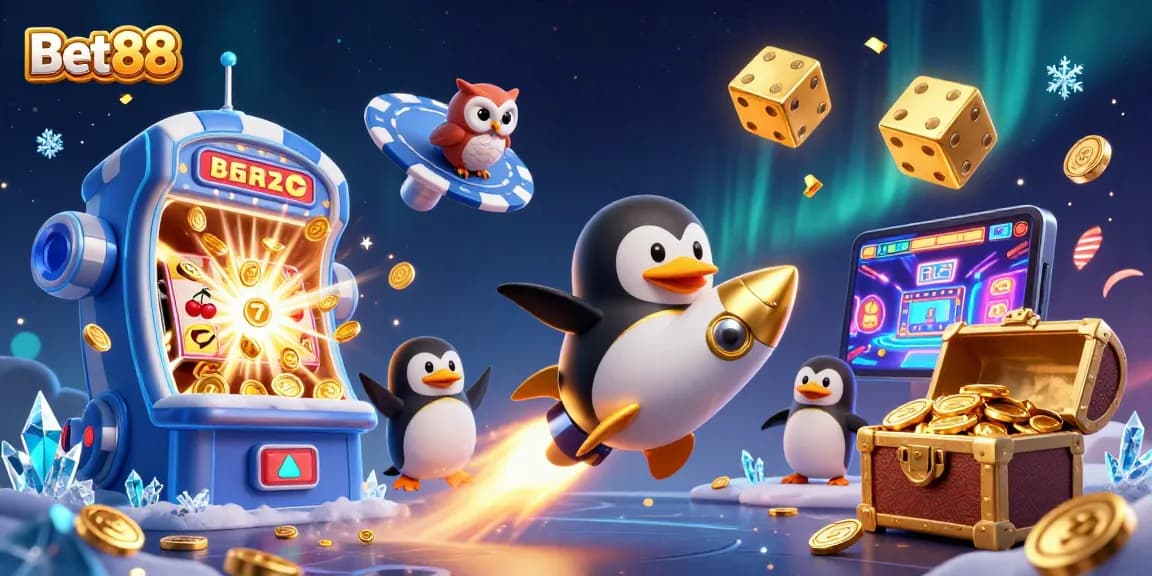 Bet88 jackpot explosion illustration featuring a penguin and casino elements in space.