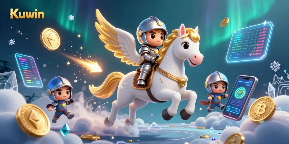 Kuwin features a whimsical 3D scene with a celestial horse and knight, adorned by vibrant blockchain elements.