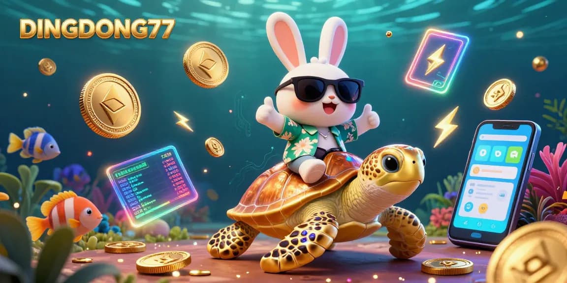DINGDONG77 brings excitement to gamblers with a vibrant 3D casino scene featuring a lucky rabbit and a golden turtle.